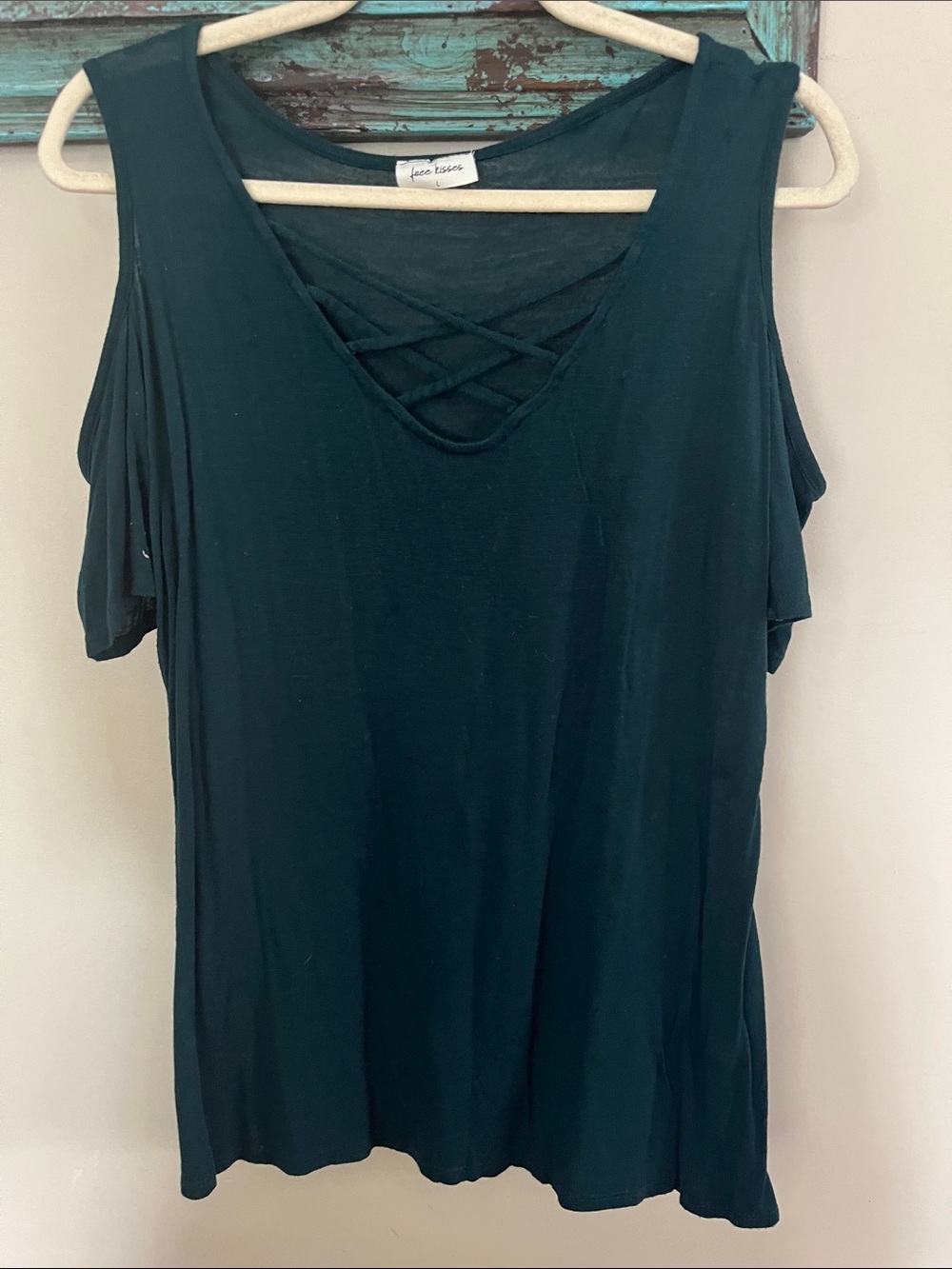 Free Kisses Dark Teal Cold-Shoulder Crisscross Top